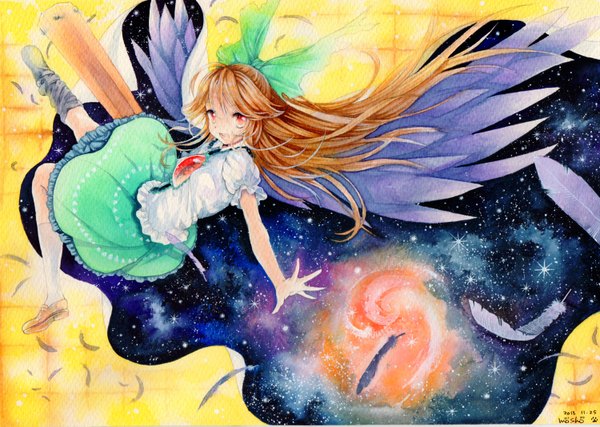 Anime picture 1500x1069 with touhou reiuji utsuho mosho single long hair looking at viewer simple background red eyes brown hair signed spread arms yellow background space traditional media watercolor (medium) starry sky print space print girl bow weapon