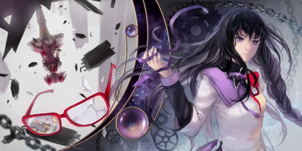 Anime picture 1200x600 with mahou shoujo madoka magica shaft (studio) akemi homura kaname madoka robinexile long hair black hair wide image purple eyes multiple girls pink hair from behind girl ribbon (ribbons) 2 girls glasses hairband chain gears