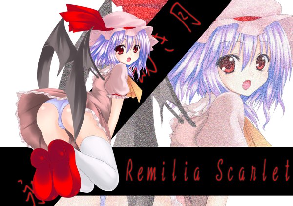 Anime picture 1200x845 with touhou remilia scarlet utakata (kochou no yume) single short hair open mouth light erotic red eyes purple hair ass looking back zoom layer girl thighhighs dress underwear panties white thighhighs shoes bonnet