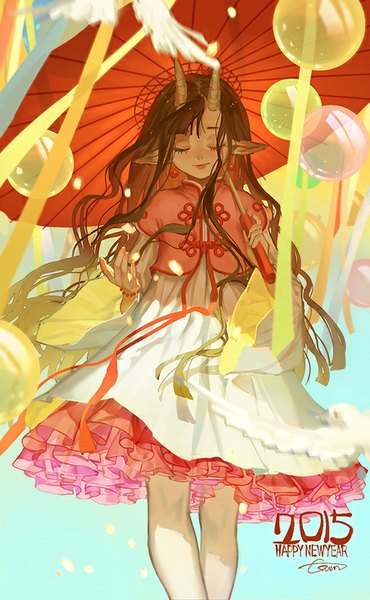 Anime picture 511x827 with original yuukaku long hair tall image fringe smile brown hair standing horn (horns) pointy ears outstretched arm wavy hair new year happy new year 2015 girl dress ribbon (ribbons) earrings animal