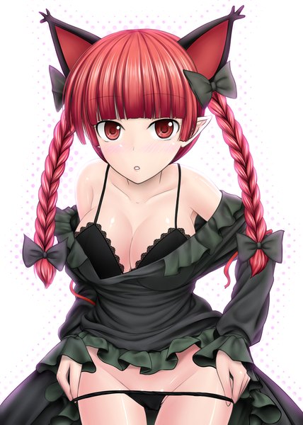 Anime picture 1500x2100 with touhou kaenbyou rin y2 single tall image light erotic simple background red eyes twintails animal ears red hair braid (braids) pointy ears cat ears twin braids undressing extra ears girl underwear panties