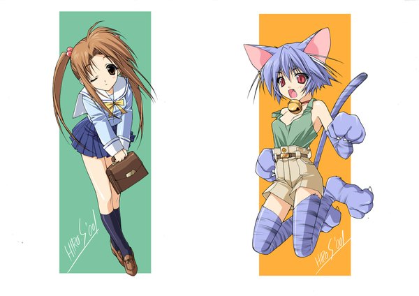 Anime picture 1755x1241 with original suzuhira hiro long hair highres short hair open mouth red eyes brown hair twintails signed animal ears purple hair one eye closed wink cat ears cat girl cat tail girl hair ornament socks