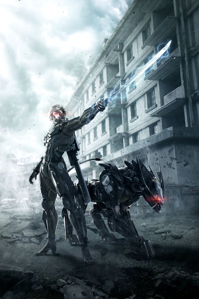 Anime picture 7096x10632 with metal gear metal gear rising : revengeance konami raiden bladewolf tall image highres short hair standing absurdres grey hair official art outstretched arm glowing glowing eye (eyes) fighting stance lightning 3d incredibly absurdres boy