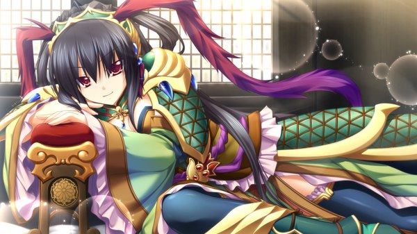 Anime picture 1024x576 with kamidori alchemy meister yuela long hair black hair red eyes wide image game cg girl