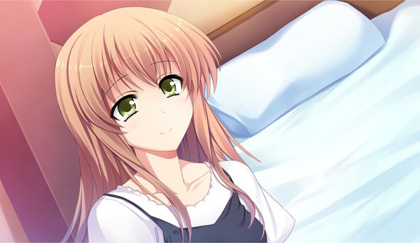 Anime picture 2660x1540 with atled everlasting song long hair highres brown hair wide image green eyes game cg girl bed
