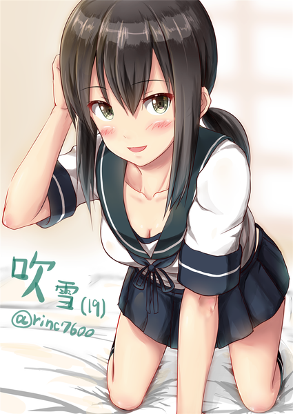 Anime picture 1254x1770 with kantai collection fubuki destroyer single tall image blush fringe short hair breasts light erotic black hair yellow eyes ponytail parted lips light smile kneeling hand on head girl skirt uniform school uniform