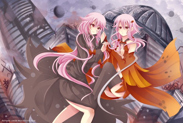 Anime picture 1482x1000 with guilty crown production i.g yuzuriha inori kurama-chan long hair multiple girls pink hair pink eyes dual persona girl thighhighs dress hair ornament black thighhighs 2 girls detached sleeves hairclip