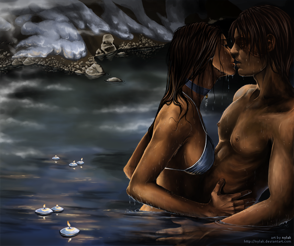 Anime picture 850x713 with avatar: the last airbender nickelodeon katara zuko nylak long hair short hair light erotic black hair brown hair signed night wet couple scar topless muscle kiss abs almost kiss