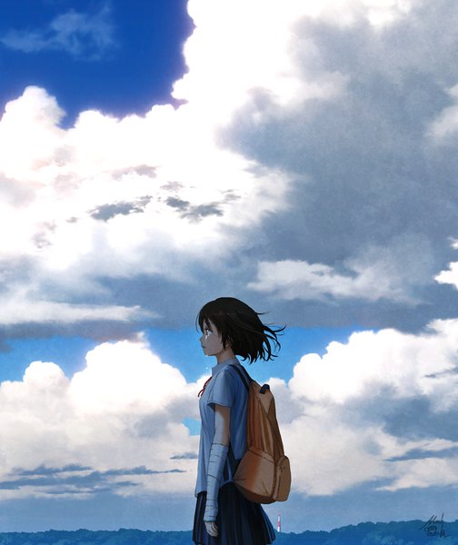 Anime picture 840x1000 with original mocha (cotton) single tall image short hair black hair signed sky cloud (clouds) outdoors profile tears horizon crying girl uniform school uniform bandage (bandages) backpack