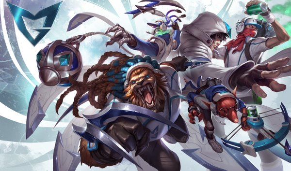Anime picture 1215x717 with league of legends rengar (league of legends) talon (league of legends) thresh (league of legends) singed (league of legends) twitch (league of legends) tagme (artist) long hair short hair open mouth blue eyes brown hair wide image official art teeth fang (fangs) boy gloves weapon animal