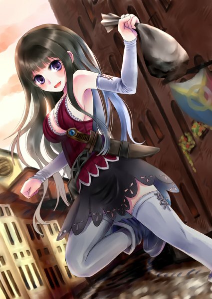 Anime picture 752x1062 with original kouzuki yui single long hair tall image looking at viewer blush breasts open mouth black hair purple eyes girl thighhighs dress weapon detached sleeves boots dagger