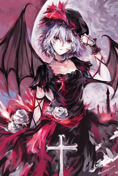 Anime picture 800x1186 with touhou remilia scarlet shuhaoqian single tall image looking at viewer short hair red eyes signed purple hair alternate costume bat wings girl dress flower (flowers) wings black dress rose (roses) moon cross