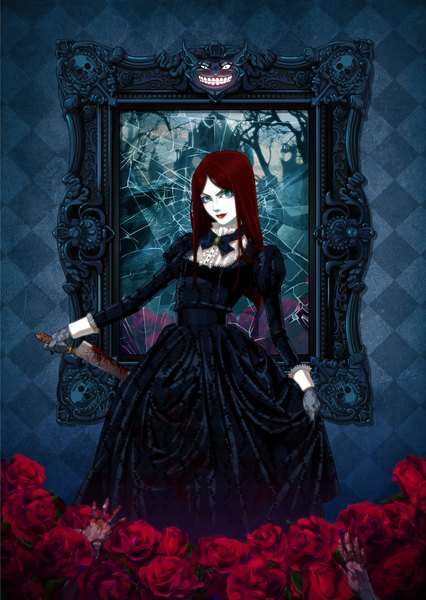 Anime picture 1500x2114 with alice in wonderland tagme (artist) single long hair tall image blue eyes red hair grin glowing demon rhombus destruction girl dress flower (flowers) weapon black dress rose (roses) blood skull