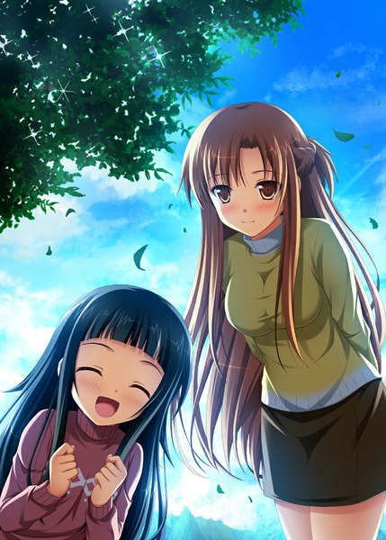 Anime picture 715x1000 with sword art online a-1 pictures yuuki asuna yui (sao) tsuda akira long hair tall image looking at viewer blush fringe breasts open mouth black hair smile brown hair multiple girls brown eyes payot sky cloud (clouds)
