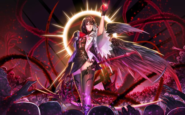 Anime picture 2400x1500 with dungeon and fighter suerte fringe highres short hair hair between eyes brown hair standing brown eyes cleavage arm up wide sleeves open jacket torn clothes skindentation looking up scar side slit angel wings black wings