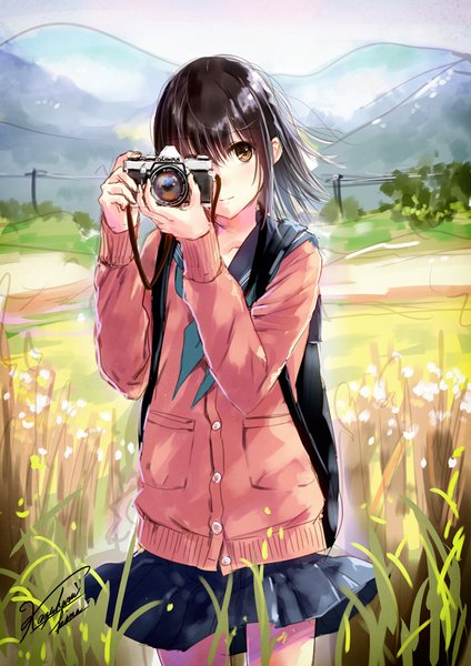 Anime picture 707x1000 with original kazuharu kina single tall image looking at viewer short hair black hair smile holding brown eyes signed outdoors pleated skirt mountain covering eye (eyes) girl skirt uniform plant (plants) miniskirt