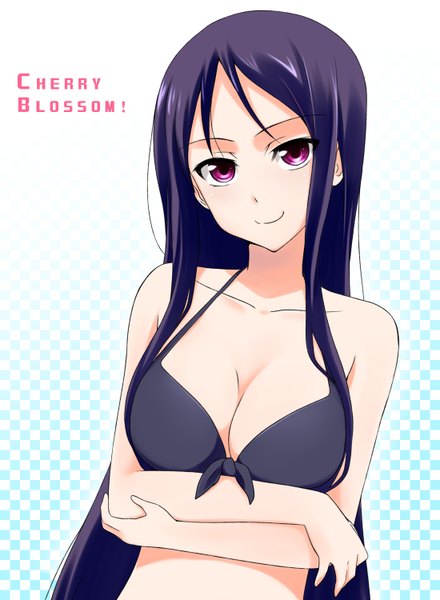 Anime picture 1100x1500 with ikari manatsu single long hair tall image light erotic black hair smile pink eyes girl swimsuit bikini black bikini