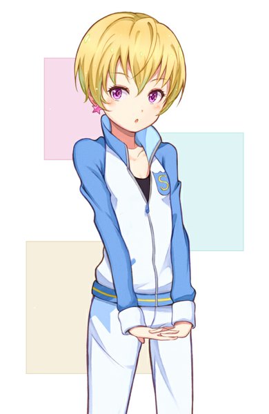 Anime picture 600x921 with aikatsu! hattori yuu purea single tall image blush fringe short hair blonde hair white background purple eyes looking away parted lips girl uniform earrings star (symbol) gym uniform