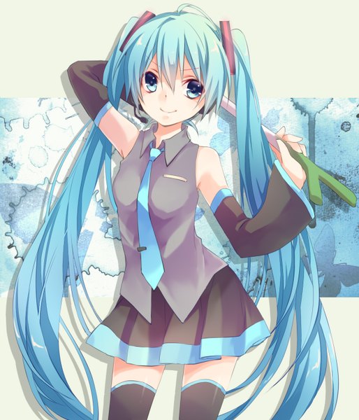 Anime picture 1200x1400 with vocaloid hatsune miku kuroi (liar-player) single tall image looking at viewer blue eyes smile twintails bare shoulders blue hair ahoge very long hair arm behind head girl thighhighs black thighhighs detached sleeves insect butterfly