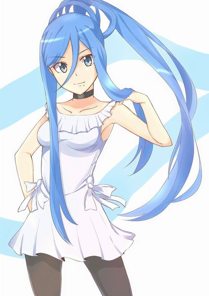Anime picture 723x1024 with aoki hagane no arpeggio takao (aoki hagane no arpeggio) yagara (artist) single long hair tall image looking at viewer blue eyes hair between eyes bare shoulders blue hair girl dress pantyhose white dress
