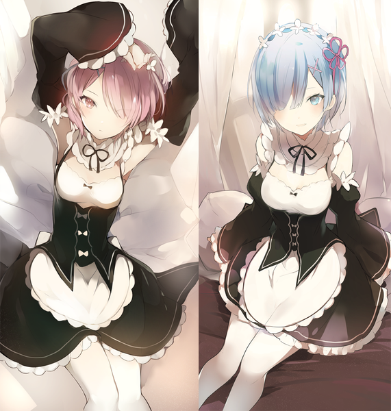 Anime picture 900x945 with re:zero kara hajimeru isekai seikatsu white fox rem (re:zero) ram (re:zero) lpip tall image looking at viewer fringe short hair blue eyes smile red eyes sitting multiple girls blue hair pink hair cleavage from above hair over one eye arm support