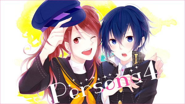 Anime picture 1538x866 with persona 4 persona kujikawa rise shirogane naoto mono (kira8851) long hair short hair open mouth blue eyes red eyes wide image twintails multiple girls blue hair red hair one eye closed wink girl uniform 2 girls
