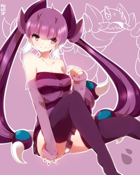 Anime picture 1200x1500 with pokemon moemon nintendo drapion takeshima eku single long hair tall image fringe breasts light erotic smile sitting purple eyes twintails bare shoulders purple hair multicolored hair horn (horns) two-tone hair