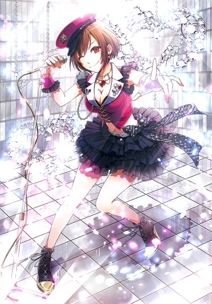 Anime picture 1400x2006 with vocaloid meiko tall image looking at viewer short hair breasts smile red eyes brown hair cleavage midriff high heels legs glowing glow girl dress gloves navel bow