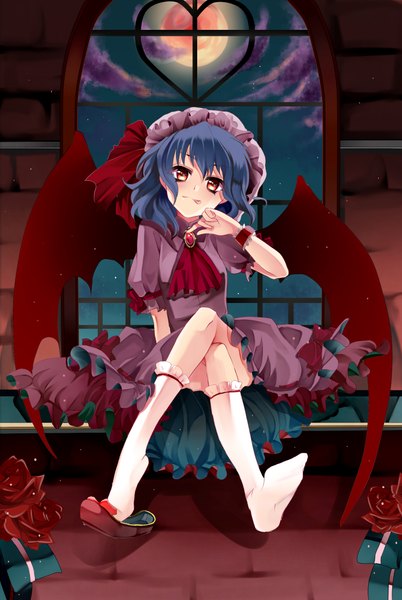 Anime picture 1480x2210 with touhou remilia scarlet kurabayashi single tall image short hair red eyes blue hair cloud (clouds) night crossed legs bat wings red moon girl wings window moon