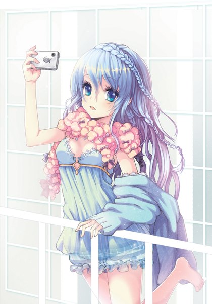 Anime picture 1000x1429 with original apple inc. juke single long hair tall image looking at viewer blue eyes blue hair braid (braids) brand name imitation girl dress camera
