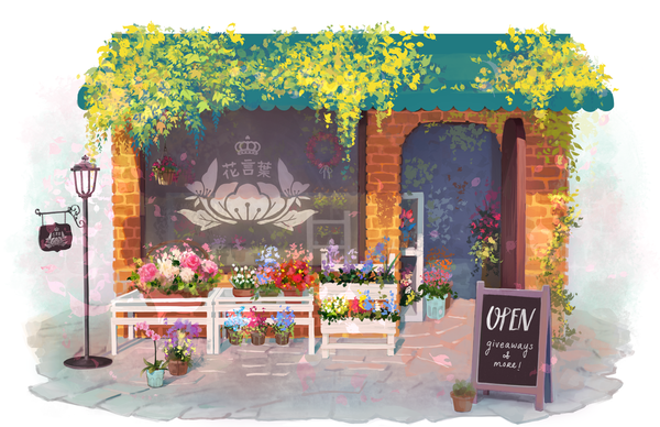 Anime picture 2448x1584 with original fuwaffy highres no people street brick wall flower (flowers) plant (plants) building (buildings) table lantern potted plant wreath lamppost shop signboard