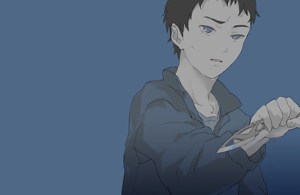 Anime picture 1280x830 with ghost hound production i.g oogami makoto s_fic short hair black hair simple background blue background boy weapon shirt knife