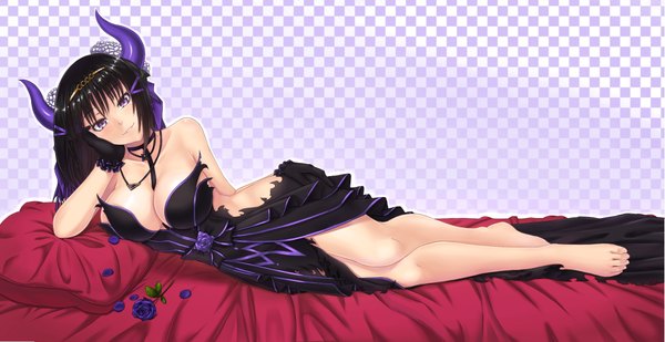 Anime picture 2085x1075 with rinkou no lemuria shion (lemuria) rockmanwjh single long hair highres breasts light erotic black hair wide image large breasts purple eyes cleavage barefoot horn (horns) checkered checkered background girl dress flower (flowers)