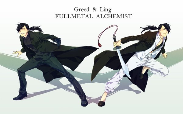 Anime picture 1440x900 with fullmetal alchemist fullmetal alchemist brotherhood studio bones greed ling yao anika kyuu long hair fringe black hair wide image light smile hair over one eye inscription shadow dual persona boy weapon sword cloak coat