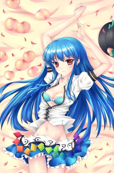 Anime picture 790x1200 with touhou hinanawi tenshi fred0092 single long hair tall image looking at viewer red eyes blue hair girl dress navel hat petals fruit peach
