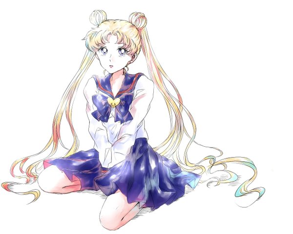 Anime picture 1280x1024 with bishoujo senshi sailor moon toei animation tsukino usagi ere (pixiv14311819) single looking at viewer blue eyes blonde hair simple background white background sitting twintails full body very long hair hair bun (hair buns) kneeling between thighs girl skirt uniform