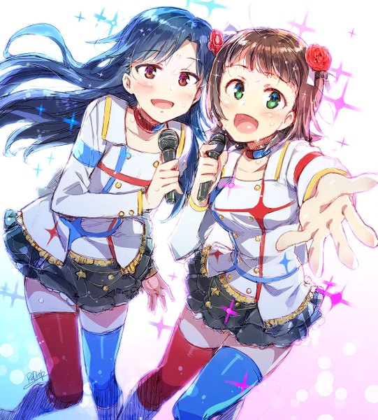 Anime picture 1138x1263 with idolmaster idolmaster movie kisaragi chihaya amami haruka redrop long hair tall image looking at viewer blush short hair open mouth red eyes brown hair multiple girls green eyes signed blue hair hair flower zettai ryouiki outstretched hand