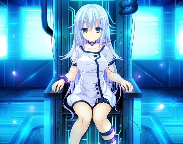 Anime picture 1920x1520 with world election whirlpool (studio) kururu (world election) single long hair looking at viewer highres blue eyes sitting game cg white hair girl wire (wires)