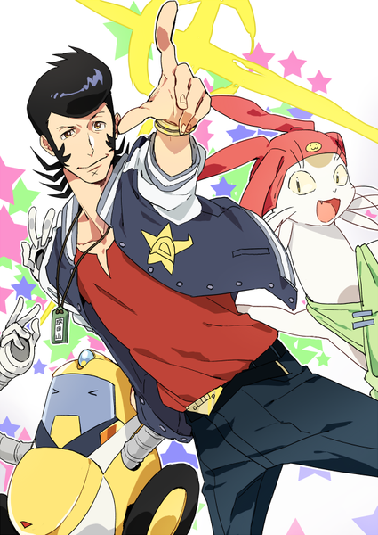 Anime picture 600x847 with space dandy studio bones dandy (space dandy) meow (space dandy) qt (space dandy) mosuko tall image short hair open mouth black hair smile brown eyes open clothes open jacket outstretched arm pointing > < pompadour boy animal
