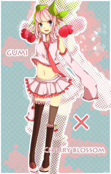 Anime picture 1019x1600 with vocaloid gumi sakura gumi hiiro (artist) single tall image blush short hair open mouth blue eyes looking away pink hair long sleeves inscription character names cosplay alternate color alternate hair color sakura miku (cosplay) girl