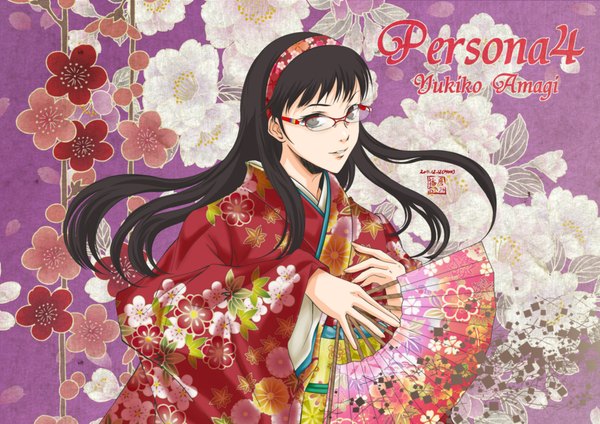 Anime picture 2120x1500 with persona 4 persona amagi yukiko littlewing-fordreamer single long hair looking at viewer highres black hair japanese clothes black eyes girl flower (flowers) glasses hairband fan yukata