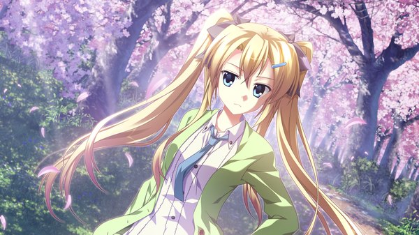 Anime picture 1280x720 with supipara amano angeline hotaru nanao naru long hair blue eyes blonde hair wide image twintails game cg cherry blossoms girl bow plant (plants) hair bow tree (trees)