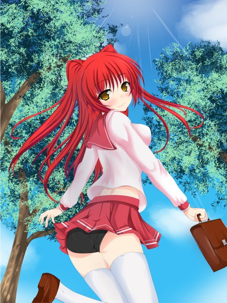 Anime picture 1000x1333 with to heart 2 leaf (studio) kousaka tamaki senra banshou long hair tall image looking at viewer blush light erotic yellow eyes sky cloud (clouds) ass red hair looking back girl thighhighs uniform underwear panties