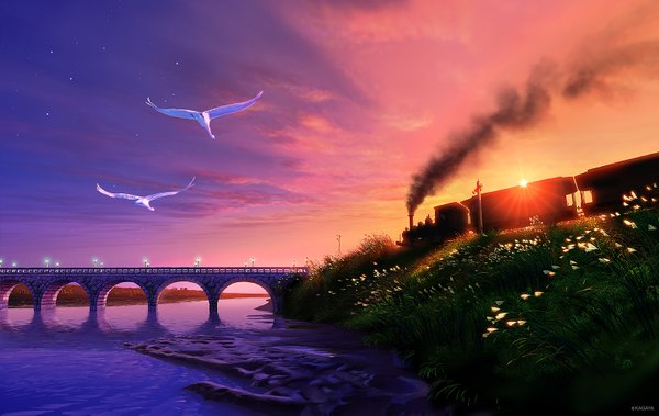 Anime picture 1600x1013 with original kagaya evening sunset smoke no people scenic lake flower (flowers) plant (plants) animal bird (birds) star (stars) sun lantern bridge lamppost train steam locomotive