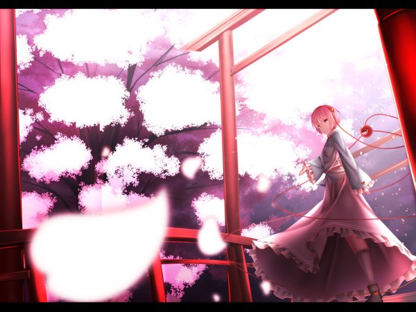 Anime picture 1600x1200 with touhou komeiji satori waterdog single short hair pink hair traditional clothes pink eyes cherry blossoms letterboxed girl plant (plants) petals tree (trees) torii bridge eyeball