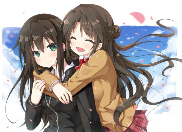 Anime picture 1378x1000 with idolmaster idolmaster cinderella girls shibuya rin shimamura uzuki yano mitsuki long hair blush open mouth black hair smile multiple girls green eyes sky eyes closed hug ^ ^ ^o^ hug from behind girl uniform