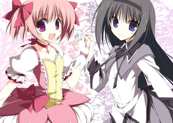 Anime picture 1457x1035 with mahou shoujo madoka magica shaft (studio) akemi homura kaname madoka magpul762 (artist) looking at viewer blush open mouth black hair purple eyes multiple girls pink hair pink eyes holding hands girl dress gloves bow 2 girls hair bow