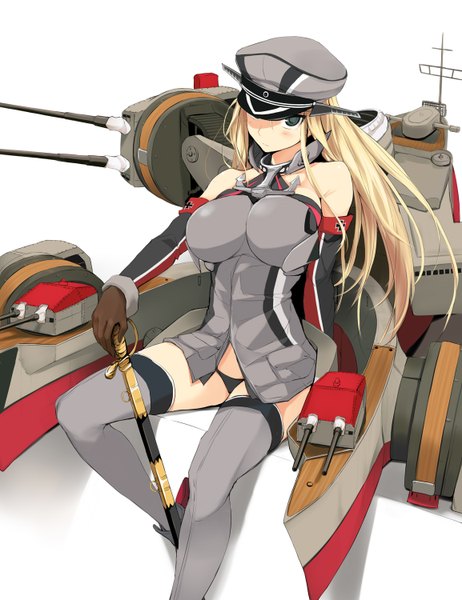 Anime picture 1154x1500 with kantai collection bismarck battleship zekkyon single long hair tall image looking at viewer blush breasts blue eyes light erotic blonde hair large breasts white background girl thighhighs gloves weapon sword elbow gloves