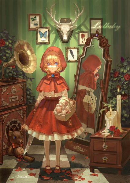 Anime picture 760x1074 with little red riding hood little red riding hood (character) axis (artist) single tall image looking at viewer fringe short hair blue eyes blonde hair signed light smile inscription reflection striped checkered floor girl flower (flowers) plant (plants) petals