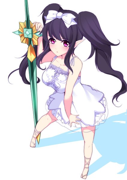 Anime picture 903x1277 with original minamon (vittel221) single long hair tall image looking at viewer blush fringe open mouth black hair simple background white background twintails bare shoulders holding pink eyes from above pointy ears :o shadow